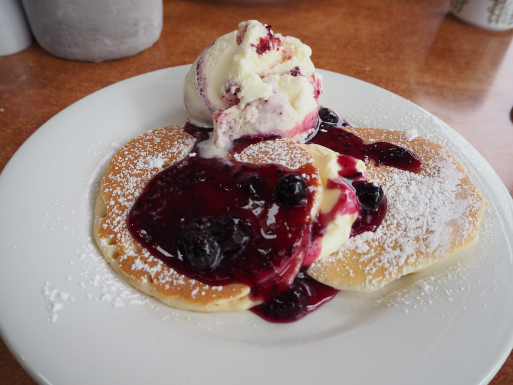 Pancakes with blueberry-lavender ice cream